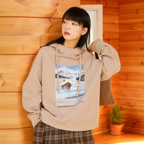 omont蛋挞家 复古印花半高领连帽卫衣女秋冬季加厚宽松慵懒风上衣图片