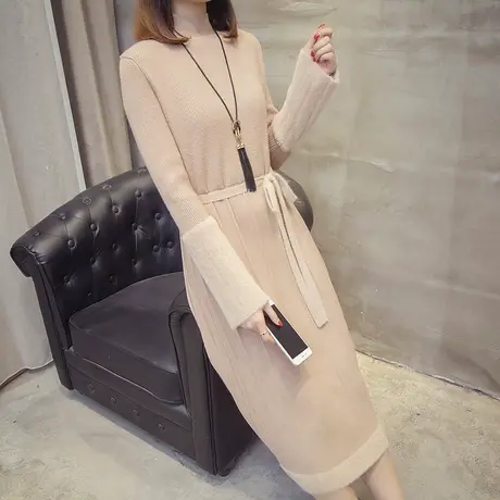 长款收腰系带修身毛衣裙女装秋冬新款韩版微喇叭袖水貂绒长裙商品大图