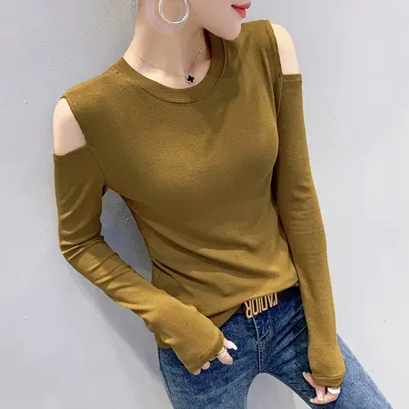 秋装2023年新款女性感露肩T恤女长袖修身洋气上衣纯棉内搭打底衫商品大图