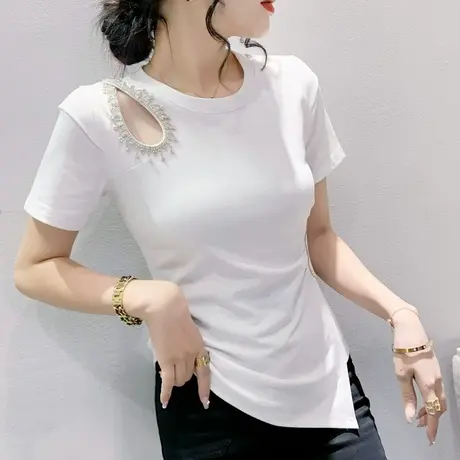 欧货性感镂空T恤女短袖纯色百搭洋气小衫设计感不规则网红上衣夏商品大图