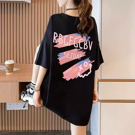 纯棉短袖t恤女中长款2023新款宽松显瘦减龄大码女装黑色夏装上衣商品大图