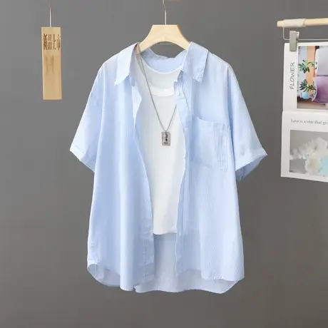 夏季蓝白色条纹衬衫女短袖轻薄透气纯棉宽松百搭衬衣2023新款上衣图片