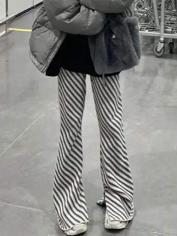 条纹喇叭裤子女夏季薄款宽松高腰显瘦设计感小众开叉阔腿拖地长裤图片