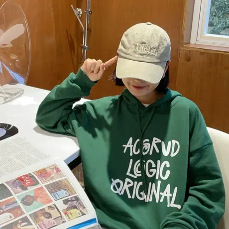 红续oversize高级绿显白连帽卫衣女小个子韩版复古慵懒风上衣外套商品大图