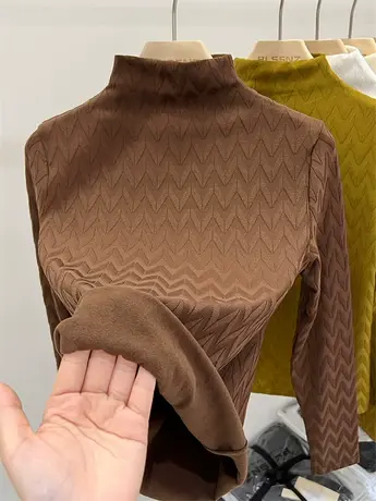 半高领加绒打底衫女秋冬内搭2022新款提花别致修身上衣长袖t恤女商品大图