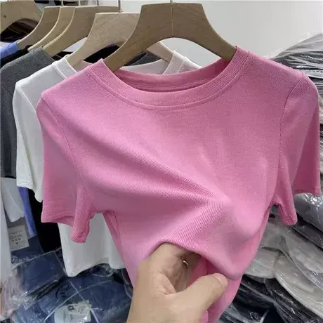 ins超火螺纹短袖t恤女2023新款早春夏装宽松半袖上衣洋气打底小衫图片