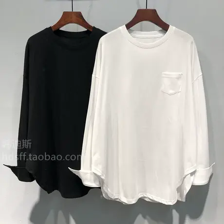 2023秋装韩国ulzzang新款但口袋袖口纽扣韩版宽松中长款长袖T恤女商品大图