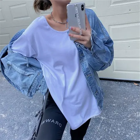 白色T恤女秋冬纯棉新款韩版宽松显瘦内搭打底衫百搭ins潮长袖上衣商品大图