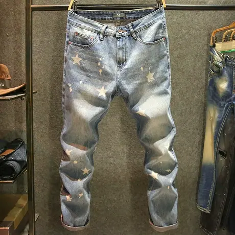 2023新款美式高街星星印花牛仔裤男ins潮牌直筒宽松长裤子春秋季商品大图