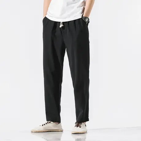 春夏季男休闲裤中国风棉麻直筒系带复古宽松亚麻加肥加大码胖长裤商品大图