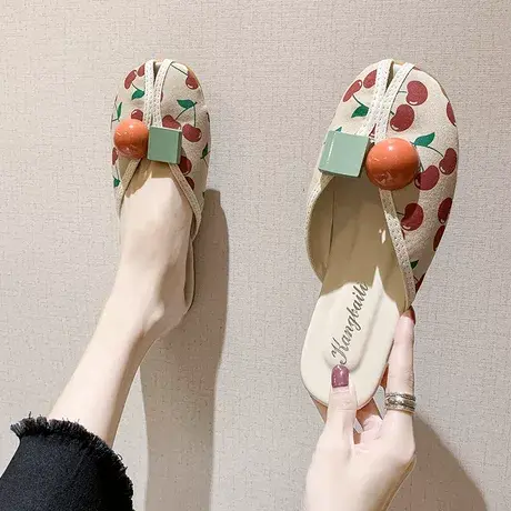拖鞋女外穿2023春夏新款百搭平底印花樱桃草莓包头半拖鞋懒人鞋子商品大图