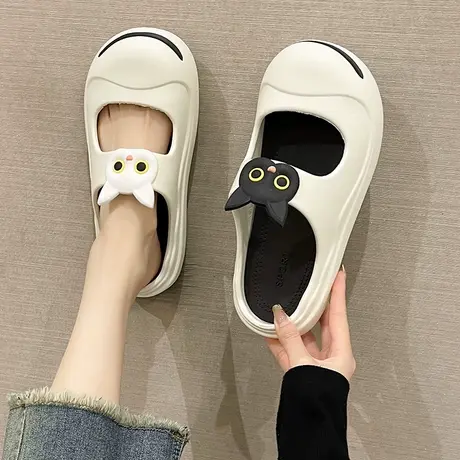 包头外穿半拖鞋女2023新款夏季卡通可爱猫咪防滑厚底踩屎感凉拖鞋商品大图