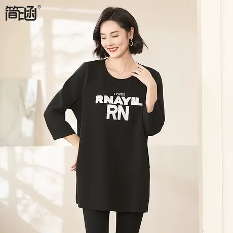 简涵大码女装2023秋装新款洋气宽松显瘦刺绣中长款胖mmT恤上衣图片