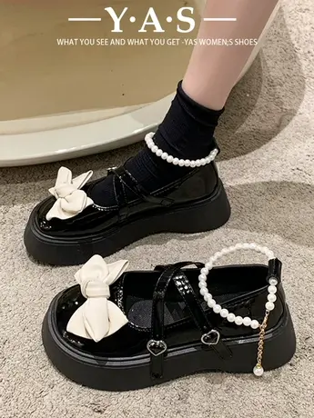 玛丽珍女鞋珍珠蝴蝶结甜美风洛丽塔小皮鞋浅口厚底增高jk四季单鞋商品大图