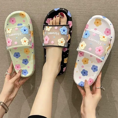 甜美可爱花朵一字拖女夏季网红时尚外穿防滑踩屎感厚底沙滩凉拖鞋商品大图