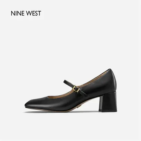 Nine West/玖熙高跟玛丽珍鞋春新款粗跟浅口方头经典单鞋一字带图片