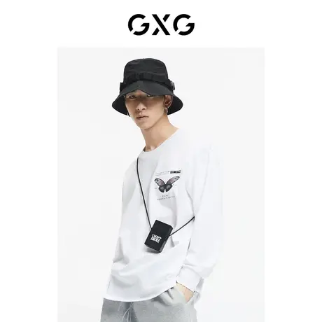 GXG男装 秋季白色时尚休闲百搭个性潮青年印花T恤GC134001G图片
