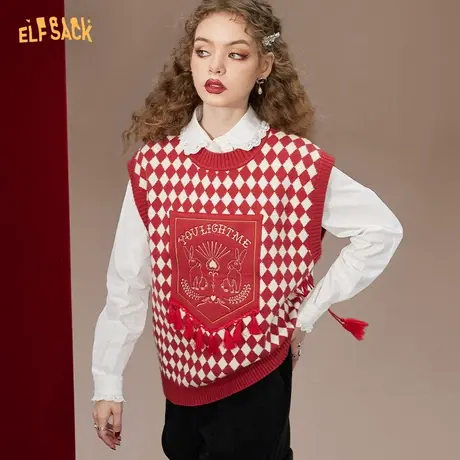 妖精的口袋兔子刺绣棋盘格红色针织马甲女2022秋冬季新款叠穿背心图片