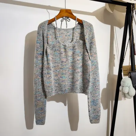 假两件针织衫女挂脖吊带2023秋装新款韩版设计感小众长袖毛衣外穿商品大图