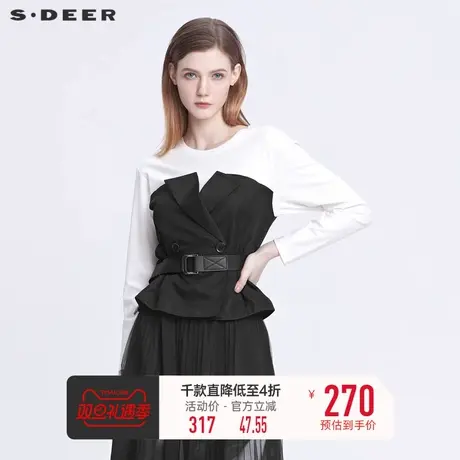 sdeer圣迪奥女装春秋装圆领拼接收腰撞色假两件T恤S22180205👌商品大图