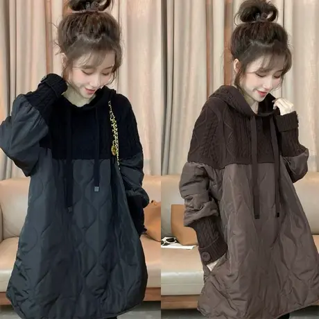 秋冬新款时尚欧版中长款针织衫拼接羽绒棉宽松连帽显瘦毛衣ins潮商品大图