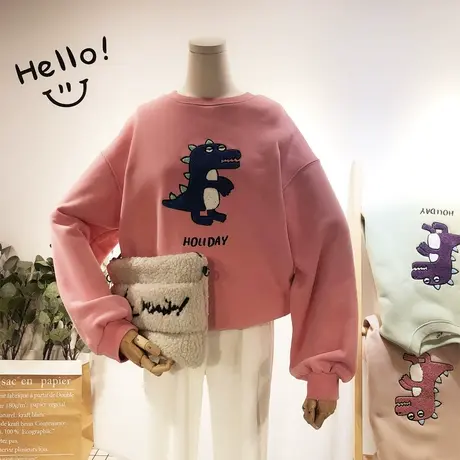 2019秋冬韩国东大门Ulzzang恐龙加绒厚卫衣ins怪味卡通闺蜜姐妹装图片