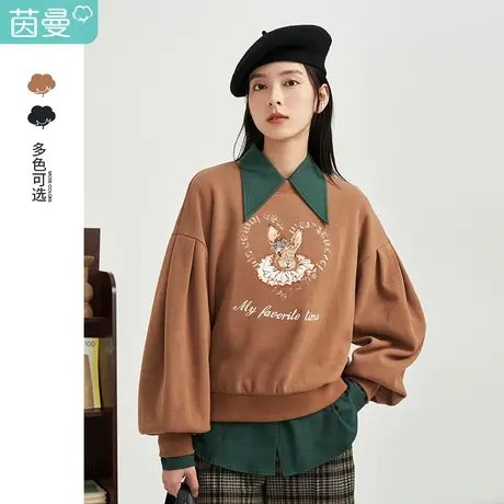 【商场同款】茵曼趣味女2023年冬季新款宽松休闲套头印花圆领卫衣图片