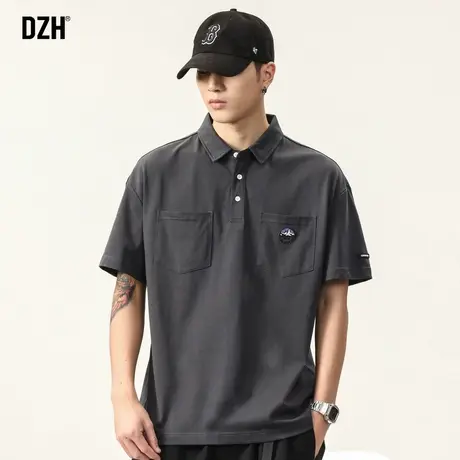 设计感灰色polo衫男士短袖纯棉日系刺绣宽松t恤男款夏季男装体恤商品大图