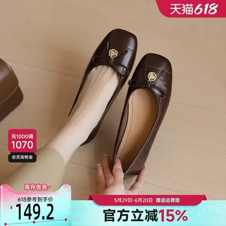 戈美其平底奶奶鞋女2025春季新款浅口方头蝴蝶结女鞋软底复古单鞋商品大图