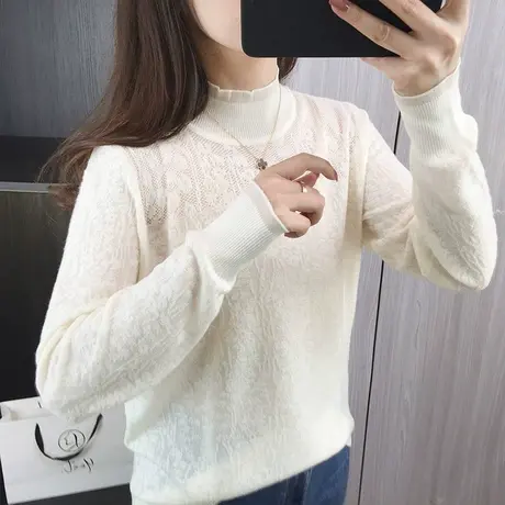 半高领针织打底衫女早春装2024新款小香风内搭蕾丝薄款毛衣上衣商品大图