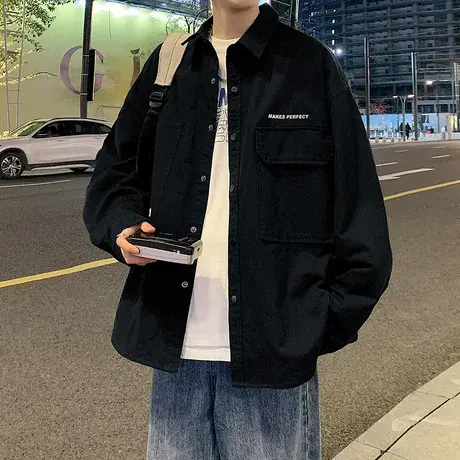 薄款夹克男日系黑色工装长袖衬衫男春秋新款复古男生衬衣外套男款商品大图
