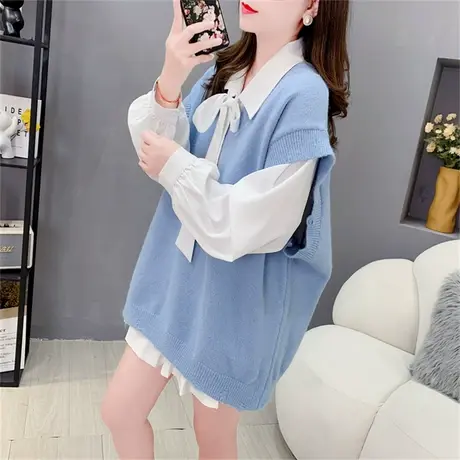 中长款V领针织马甲女春秋2023新款韩版宽松破洞无袖毛衣背心外穿图片