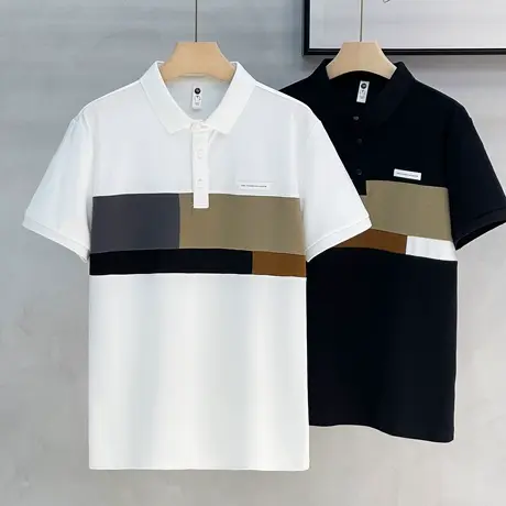 潮牌POLO衫男士短袖体恤夏季青年时尚休闲拼接条纹半袖T恤上衣服商品大图