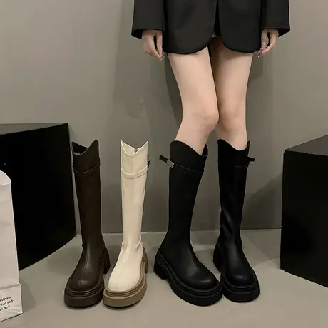 V口长筒靴女小个子厚底2025春秋新款复古不过膝显瘦高筒骑士长靴图片