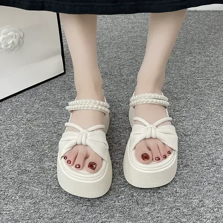 百搭罗马鞋厚底露趾甜美女款2025新款增高珍珠一字带女鞋防滑凉鞋商品大图