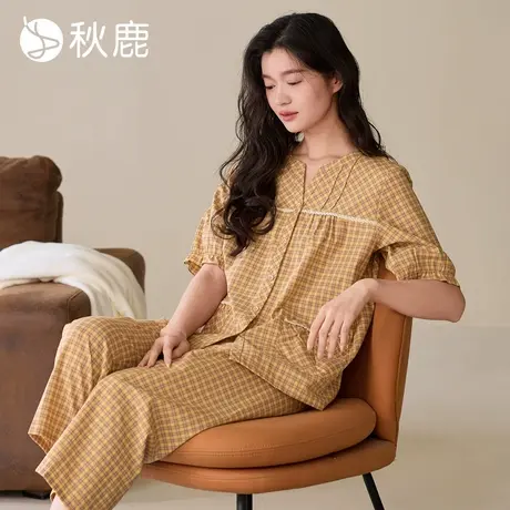 秋鹿梭织色织格纯棉睡衣女2025春夏季新款V领格子显瘦短袖家居服商品大图