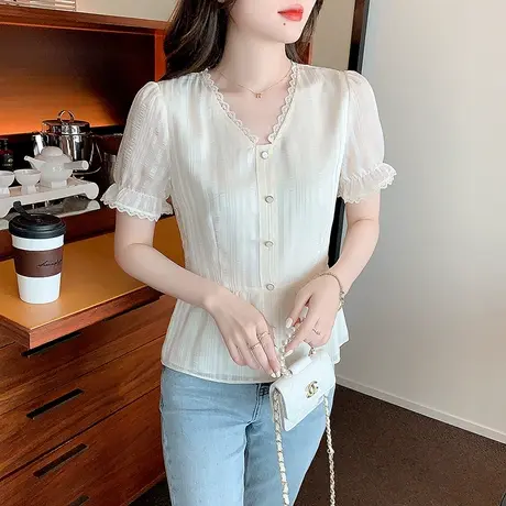 雪纺衫女短袖夏季20222年新款夏装上衣漂亮时尚洋气小衫高贵衬衫图片