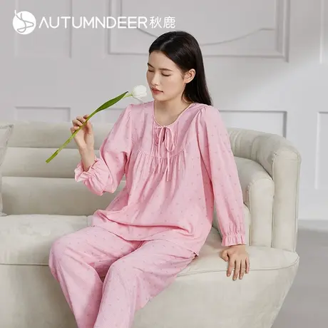 秋鹿梭织棉可外穿睡衣女款夏季提花长袖长裤家居服女夏薄款两件套商品大图