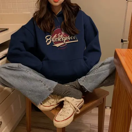 连帽卫衣女oversize大码美式复古外套ins潮牌慵懒风秋冬加绒上衣商品大图