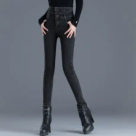 加绒牛仔裤女2023年新款马丁靴秋冬季高腰黑色裤子小脚裤女铅笔裤商品大图