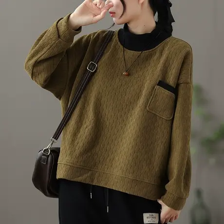 dza 纯棉华夫格加绒卫衣女秋冬新款宽松外套短款高领休闲长袖上衣商品大图