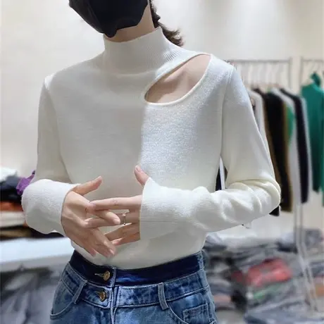 2022新款半高领针织衫毛衣女秋冬洋气镂空设计感小众打底衫上衣潮图片