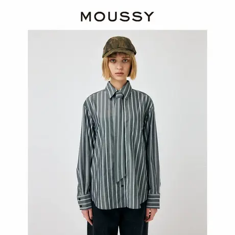 MOUSSY 非正式学院风条纹领带宽松通勤长袖衬衫女010GA730-6170商品大图