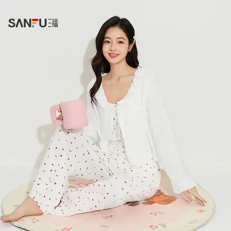 三福女秋季荷叶碎花三件套 清新甜美花纹宽松家居服女506721商品大图