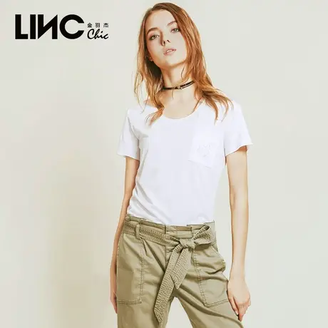 LINC金羽杰T恤圆领白色纯棉短袖T恤女2021夏新款ins潮8231426图片
