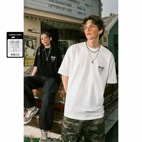Lilbetter刺绣印花短袖男2025夏季圆领半袖上衣五分袖美式潮牌T恤图片