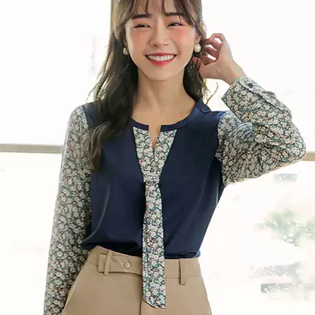 桔熊春秋季甜美碎花雪纺长袖拼接蝴蝶结系带领上衣女大码AB16578商品大图