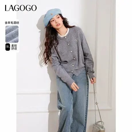 LAGOGO灰色含羊毛针织衫女拉谷谷春秋新款木耳边甜美温柔开衫毛衣商品大图