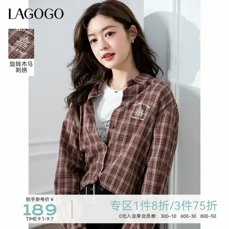 LAGOGO童趣刺绣格子衬衫女拉谷谷2025年秋季新款复古宽松长袖上衣图片