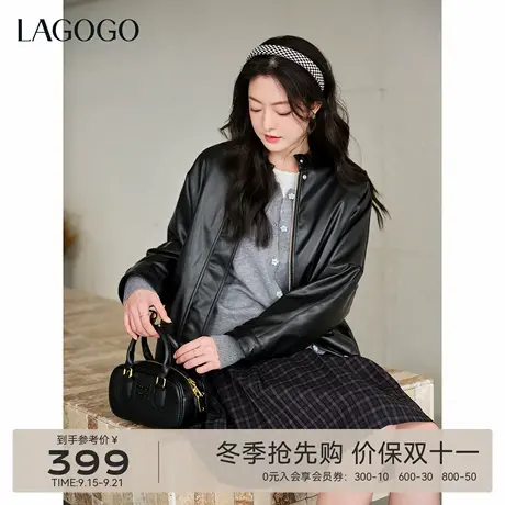 LAGOGO夜柔骑士立领简约PU皮衣女拉谷谷2025年冬季新款街头风夹克商品大图